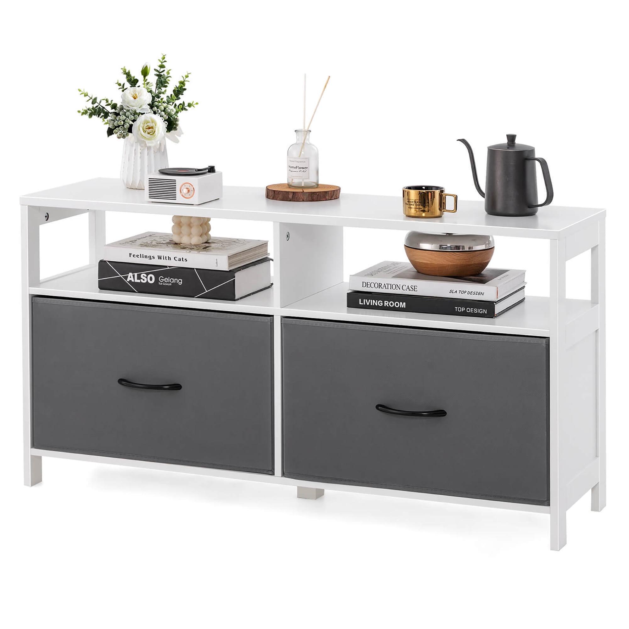 Gymax Fabric Dresser for Bedroom Chest of Drawers w/ 2 Drawers & 2 Open Shelves