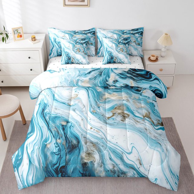 YST Abstract Artwork 7pcs Comforter Set Blue Marbling Bed in a Bag, Twin