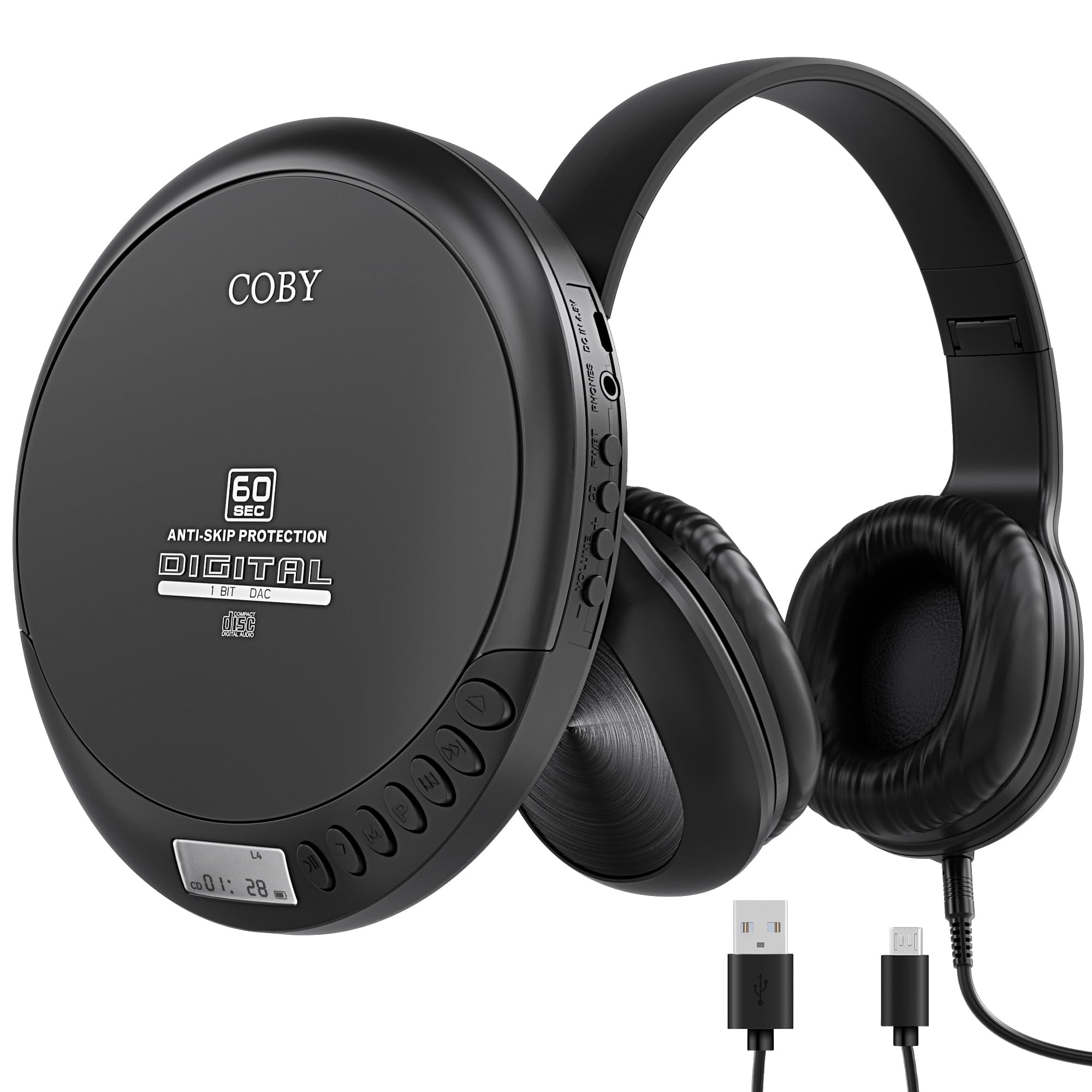 Coby Portable CD Player with MP3 Playback & FM Radio, 60-Second Anti-Skip Protection, Foldable Wired Headphones, Compact Retro Discman Music Player f