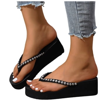 Beads Platform Flip Flops for Women Casual Beach Summer Chunky Wedge Slip on Sandals Indoor Outdoor Slippers