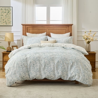 Kingrest Luxury Queen Duvet Cover Set Floral Printed, Soft & Breathable 100% Organic Cotton 3 Pieces Queen Bedding Sets, Pattern Queen Comfy Duvet Cover Set with Zipper Closure