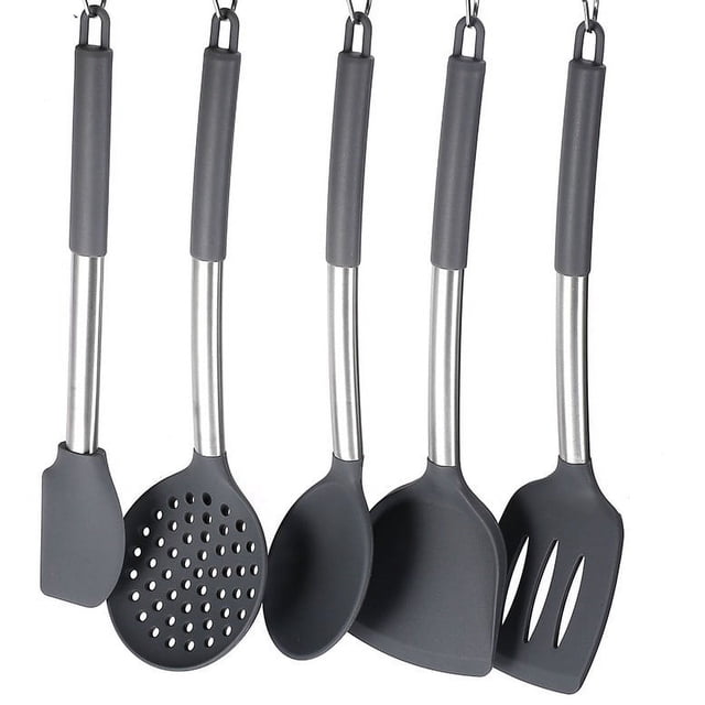 Daily Kitchen Utensils Set Silicone and Stainless Steel Non-stick Cookware Heat-resistant Cookware Eight-piece Household Kitchen Utensils Set. The image shows five utensils, including a spatula, slotted spoon, ladle, and skimmer, all with stainless steel handles and grey silicone heads. Each utensil features a non-slip silicone grip and a hanging loop for easy storage.