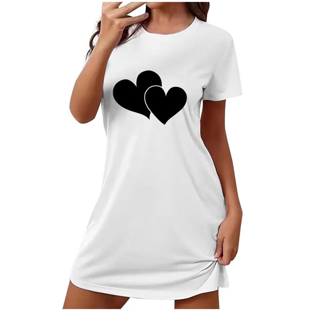 Chemise de Nuit pour Femme à Manches Courtes, Vêtement de Nuit Confortable, T-Shirts de Nuit Imprimés à Col Rond, Robe de Sommeil Tee, Robe de Pyjama Douce et Ample, Blanc G