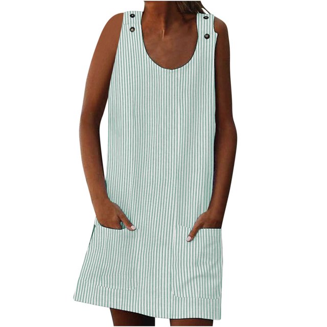 Penkiiy Robe Courte Sans Manches à Rayures Imprimées à Boutons avec Bretelles pour Femme, Poches, Mini Tunique, Robe Débardeur avec Double Poche, P Vert