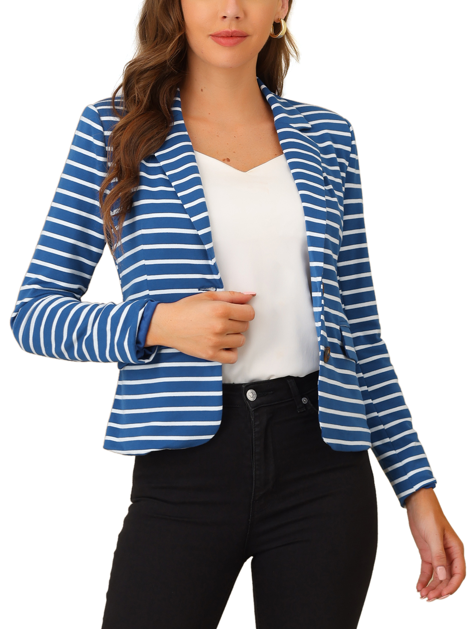 INSPIRE CHIC Blazer à Rayures pour Femme à Revers Cranté, Manches Longues, Boutonné, Bleu Blanc TP