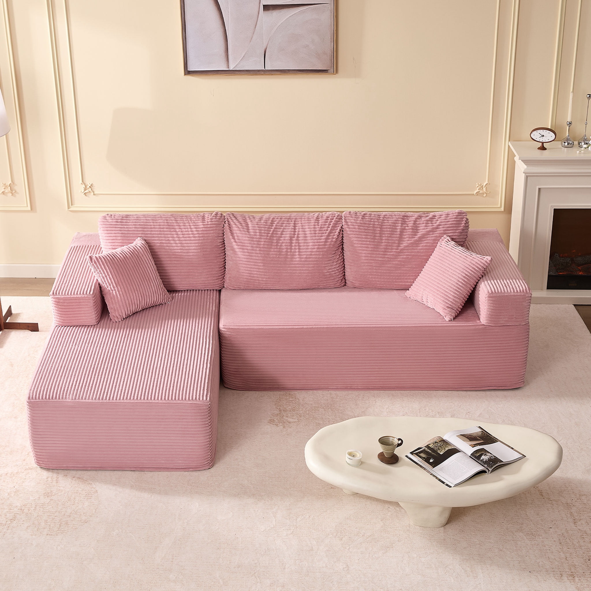 BIGSYY Modern Style 107 inches Boneless Couch, Modular Couch for Living Room with Memory Foam, L Shaped-Left, Adult, Corduroy, Pink