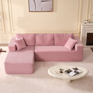 BIGSYY Modern Style 107 inches Boneless Couch, Modular Couch for Living Room with Memory Foam, L Shaped-Left, Adult, Corduroy, Pink