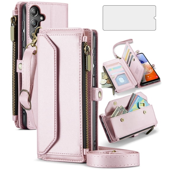 Asuwish Compatible with Samsung Galaxy A15 5G/4G Zipper Wallet Phone Case Tempered Glass Screen Protector Crossbody Lanyard Strap Flip Card Holder Slot Cell Cover for A 15 G5 15A Women Rose Gold
