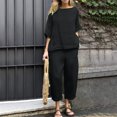 thumbnail image 2 of Yuyuzo Ensembles d'Été pour Femmes en Coton et Lin 2 Pcs Haut à Manches Mi-Longues Col Ras du Cou Pantalon à Jambe Droite Ensembles de Détente Assortis, 2 of 6