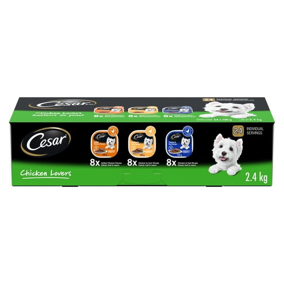 CESAR Pâté Classique en Sauce Nourriture Humide pour Chien Variété Amateurs de Poulet, 8 Saveur Poulet Grillé, 8 Recette Poulet & Foie, 8 Recette Poulet & Veau Plateaux 24 Paquet