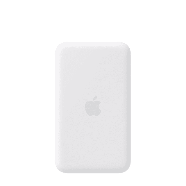 iPhone Air Batterie MagSafe Montrée Orientée vers l'Avant avec un design Rectangulaire Blanc Lisse, des Bords Arrondis et un Subtil logo Apple, Conçue pour Prolonger Sans Fil la Durée de Vie de la Batterie iPhone Air jusqu'à 65 % et Offrir une Recharge Sans Fil Rapide jusqu'à 12 W en Déplacement.