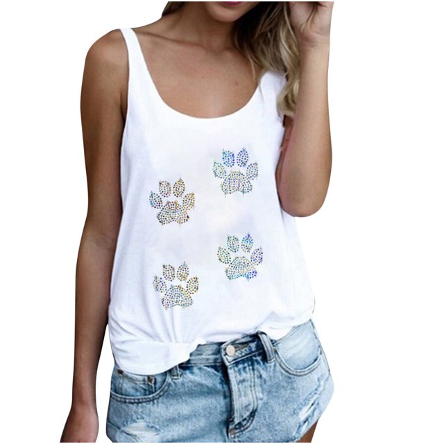 CEHVOM Women‘s Casual Solid Color Round Neck Colorful Sequin Printed Vest Top