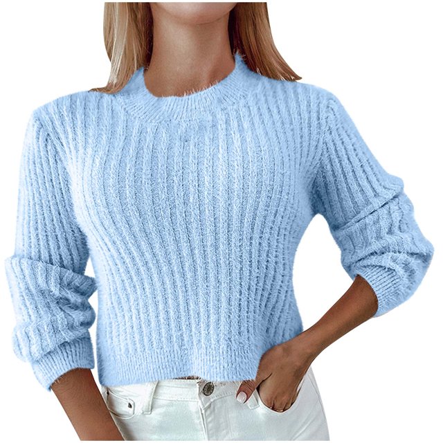 Chandail Classique à Enfiler Mode Femmes Confortable Décontracté Couleur Unie Manches Longues Col Rond Chandail Mignon de Noël pour Femmes P-111 Bleu G