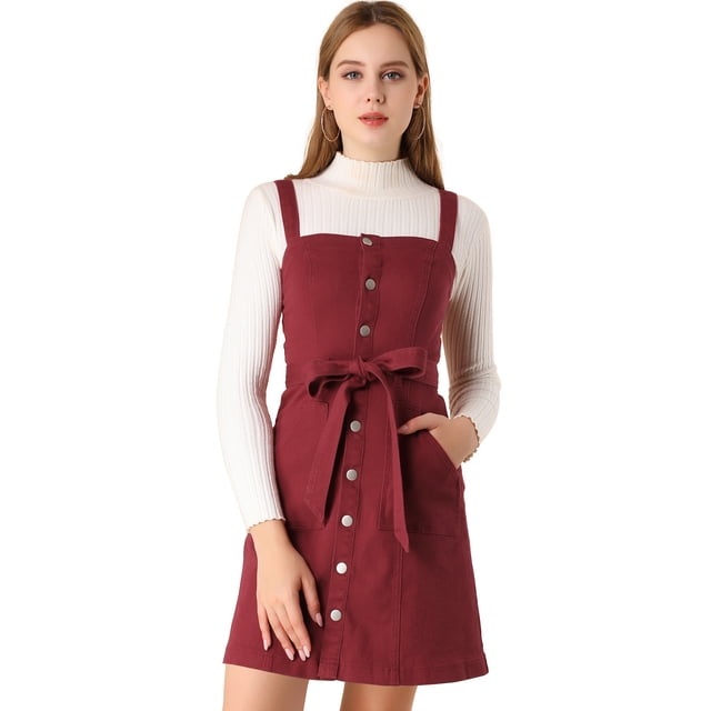 INSPIRE CHIC Women's Classic Adjustable Strap A-Line Overall Denim Dress