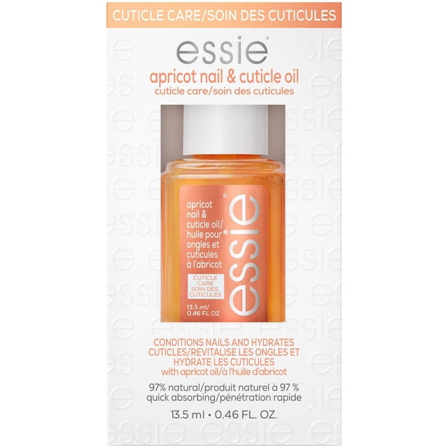 Essie Huile pour Cuticules à l'Abricot, Bouteille de 13,5 ml avec Huile Couleur Abricot et Bouchon Blanc, Étiquetée en Anglais et en Français pour le Soin des Ongles et des Cuticules, Conçue pour Hydrater et Revitaliser les Cuticules, Offrant un Traitement Hydratant à Absorption Rapide Adapté aux Soins Quotidiens des Ongles.