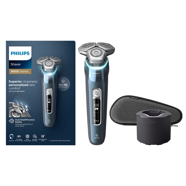 Philips Series 9000 Wet & Dry Electric Shaver in ice blue with three flexible rotary heads and digital battery display, paired with a black cleaning and charging station and a gray zippered travel case, shown with packaging highlighting SkinIQ technology and dual steel precision blades for personalized skin comfort and close shave, suitable for shaving 5-day beards.
