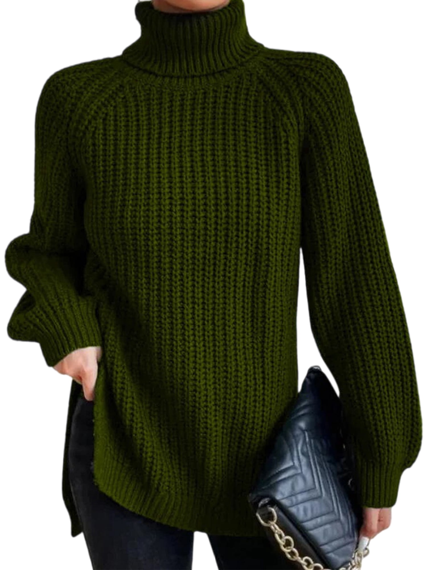 Innerwin Chandails à Col Roulé pour Femmes Chandail de Travail Manches Longues Ample Tricoté Vert Armée TG
