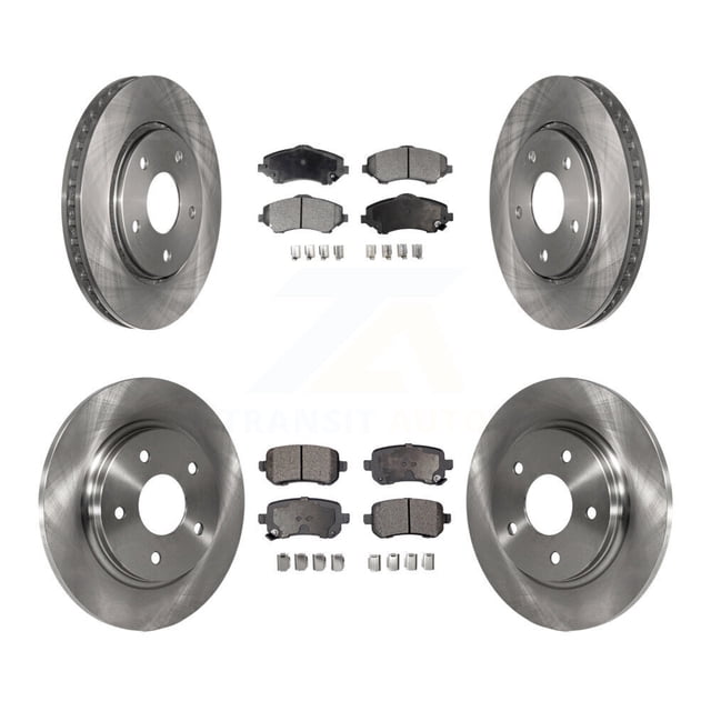 Transit Auto front and rear disc brake rotors and semi-metallic pads kit, including two front disc brake rotors, one front semi-metallic brake pad set with hardware, two rear disc brake rotors, and one rear semi-metallic brake pad set with hardware. Designed for specific 2008-2012 Chrysler, Dodge, Ram, and Volkswagen models with single piston front calipers. Features PowerGrip™ semi-metallic formula for enhanced braking power, carbon-enhanced XCast™ iron castings for durability, and fiber-reinforced multi-layer shims for noise reduction.