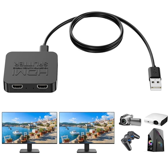 Répartiteur HDMI 1 Entrée 2 Sorties, Répartiteur HDMI à 2 Ports pour 4K UHD, 3D et 1080P - Mettez en Miroir Votre Source sur Deux Moniteurs (Pas pour Écrans Étendus) - Compatible avec Fire Stick, Blu-ray Equip, UHD TVs