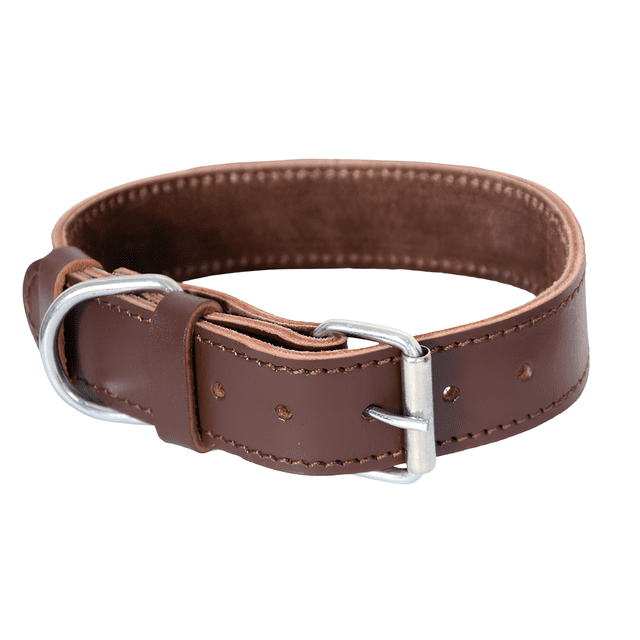 Dog Collar – Brown High Quality Leather - Durable & Adjustable Pet Collar for Medium & Large Dogs by North Care. A close-up view of a brown leather dog collar with an adjustable buckle, heavy-duty D-ring for leash attachment, and reinforced stitching. Ideal for daily walks, training, and outdoor activities, this pet accessory combines durability and comfort for medium and large dogs.