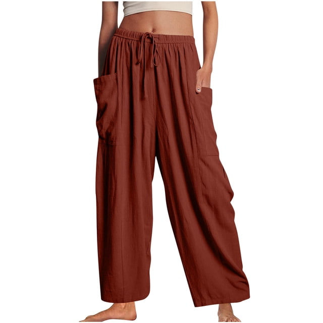 XZNGL Women Casual Pant Loose Comfy Drawstring Wide Leg Crop Trousers With Pockets