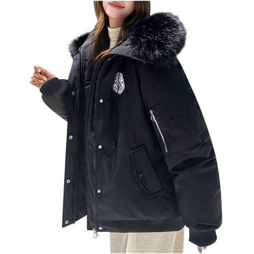Ecqkame Women's Down Jackets Big Hair Collar Solid Color Full Zip Hooded Jacket Winter Thick Warm Long Sleeved Outerwear Coats Black M