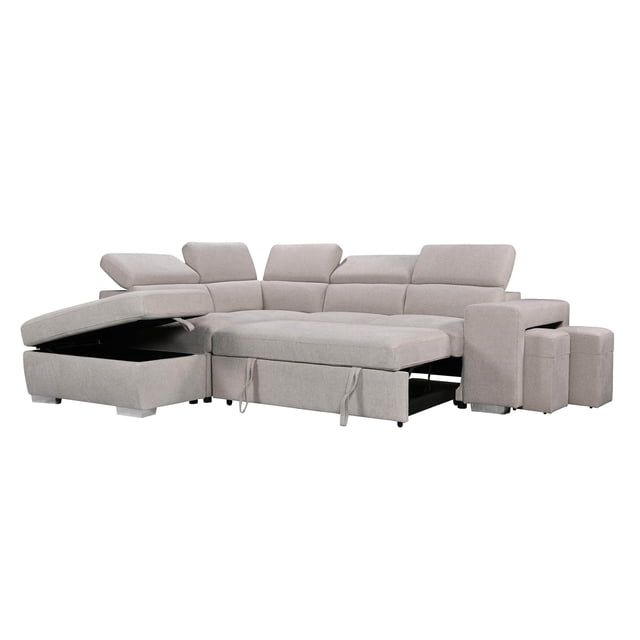 Urban Cali Pasadena Large Sleeper Sectional Sofa Bed with Storage Ottoman and 2 Stools (Beige / Left Facing Chaise)