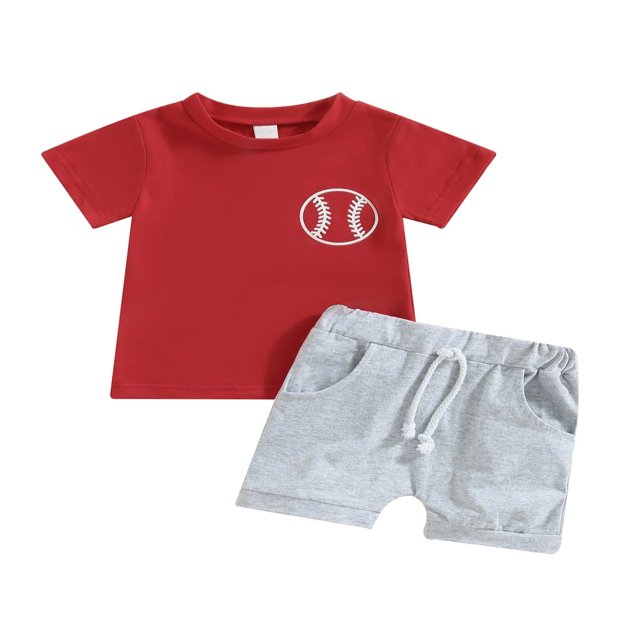 2Pcs Infant Baby Boy Summer Clothes Sets Outfits Short Sleeve Baseball Print Tops + Shorts Set