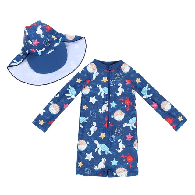 Sunnyoo Toddler Boys' One-Piece Swimsuit Short Sleeve Quick Dry UPF50+ Rash Guard Bathing Suit with Hat