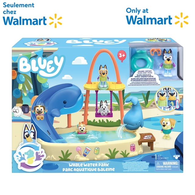 Bluey Colour Change Whale Island Playset - Walmart Exclusive featuring a blue whale slide, swing set, and pool with a 3-inch color-change Bluey figure wearing goggles and a whale-shaped floatie, designed for children aged 3 and up for imaginative water play.
