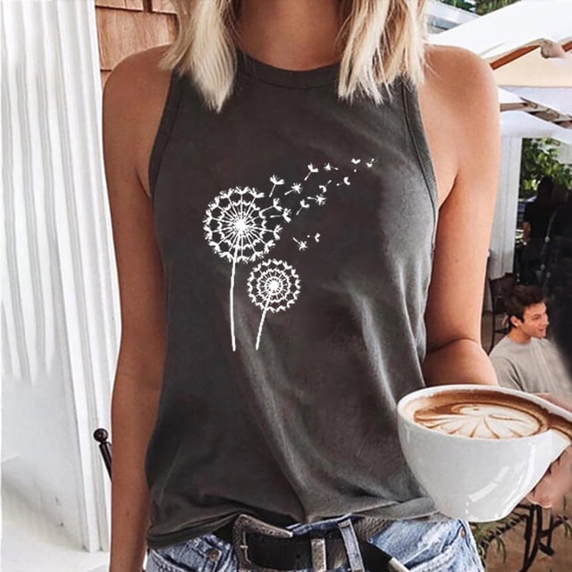 PVCS Women Dandelions Print Tank Fit O-Neck Sleeveless Block Shirts Tunic Tee Tops