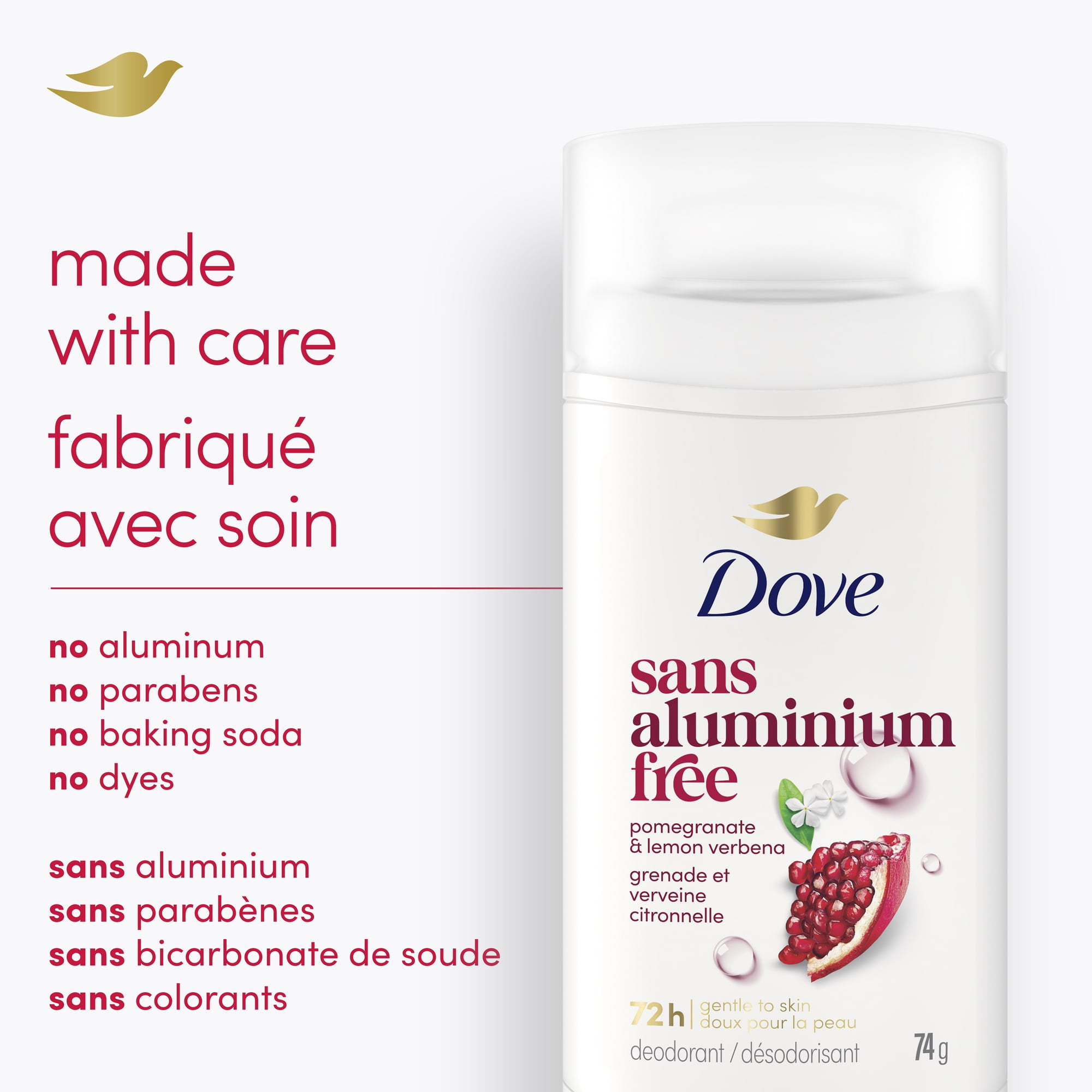 Dove Désodorisant Sans Aluminium Protection 72 H Grenade et Verveine Citronnelle, 74 g