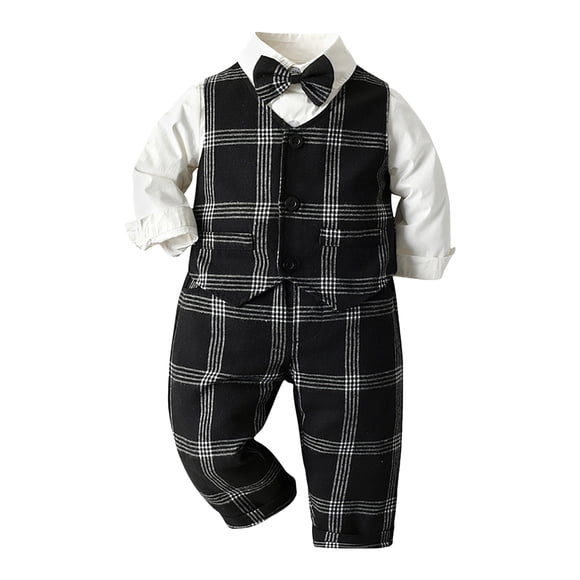 Splozh Newborn Baby Christmas Outfit Boy Long Sleeved Shirt and Trousers Gentleman Suit Comfortable and Soft Baby Dress Three Piece Suit Black,6-12 Months