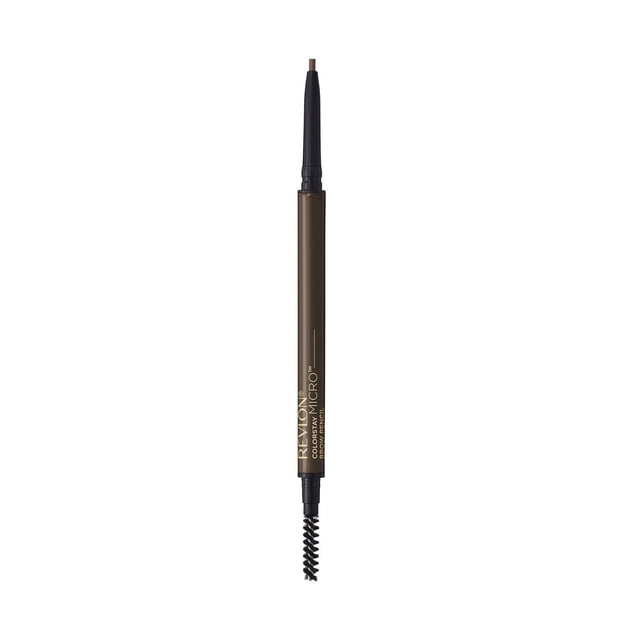 ColorStay Micro™ Brow Pencil by Revlon shown vertically with the angled tip extended at the top and a black spoolie brush at the bottom, featuring a slim brown barrel with gold lettering, designed for precise, long-lasting, waterproof eyebrow filling and blending.