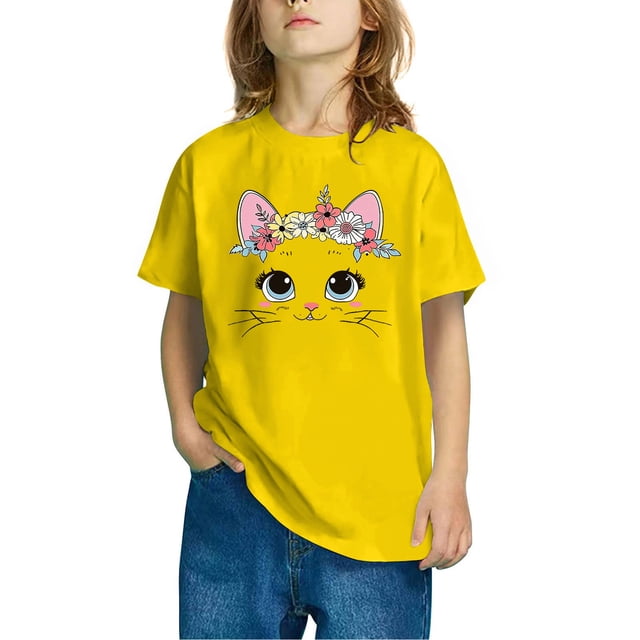 Rbaofujie T-Shirts Graphiques Mignons de Chat pour Fille, Imprimé, Manches Courtes, Hauts d'Été