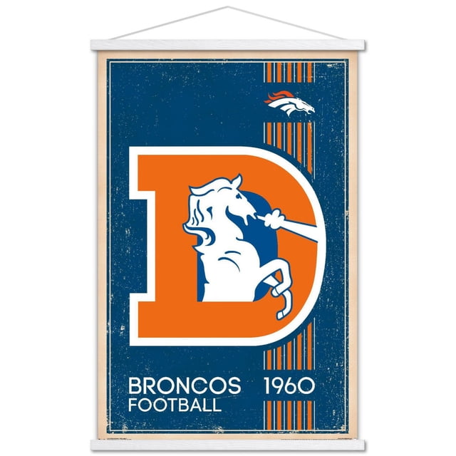NFL Denver Broncos - Retro Logo 14 Wall Poster, 22.375" x 34" with a vintage design featuring a large orange D containing a white bronco horse exhaling steam on a blue textured background, accented by vertical orange stripes and 'Broncos Football 1960' text, printed on glossy paper with included white hanging bars, suitable for sports fan room or party decor.