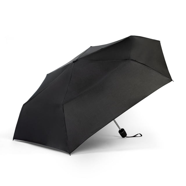 Manual Compact Umbrella with a 42-inch (106.7 cm) black water-repellent polyester canopy, manual open function, spiral-textured handle grip, and woven wrist strap, shown open at a 3/4 angle on a white background, suitable for easy carry in backpacks or handbags.