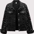 thumbnail image 4 of Veste en Denim Perlée pour Femme Courte avec Strass Veste en Jean Manteau Noir P, 4 of 5