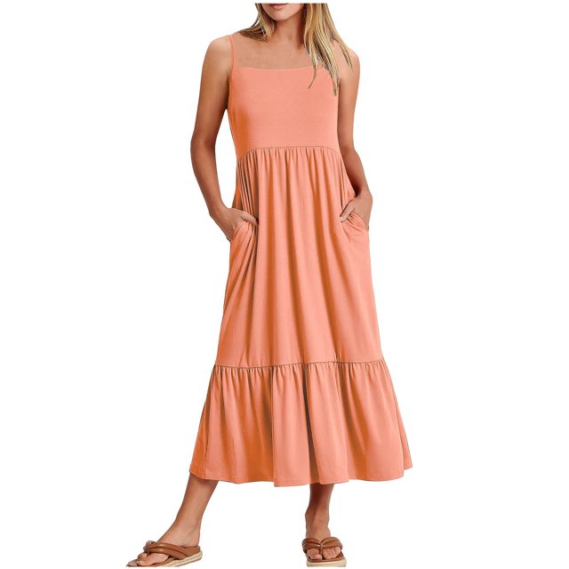 Womens Fashion Round-Neck Sling Sleeveless Solid Pockets Patchwork Pullover Dress