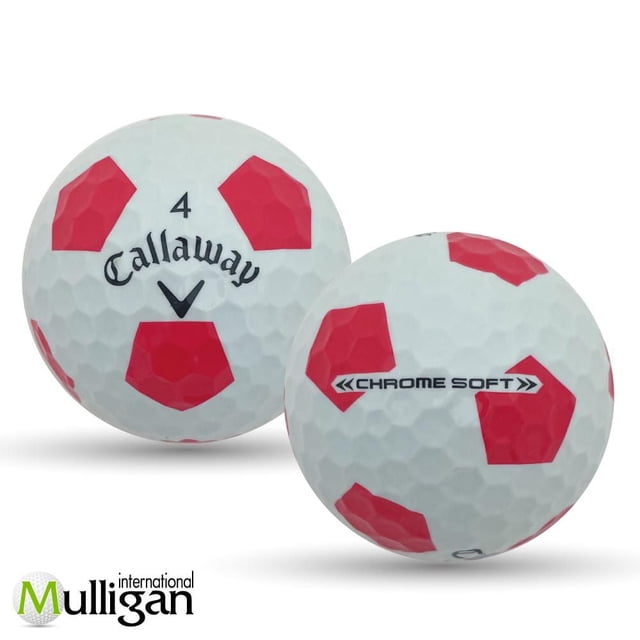 Mulligan - 96 Callaway Chrome Soft Truvis 4A recycled used golf balls in red, showing two white golf balls with red pentagon Truvis patterns, one with Callaway logo and number 4, the other with Chrome Soft branding, suitable for advanced players and eco-friendly golf.