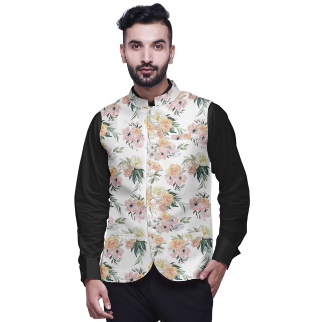 Atasi Floral Printed Wedding Jackets For Men Nehru Jacket Waist Coat For Festive Season-XX-Large