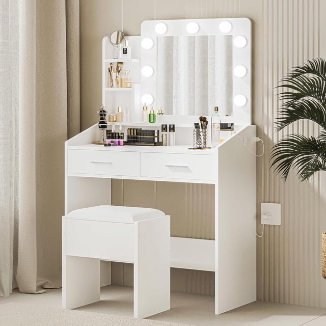 Zzistar Vanity Desk with Mirror and Lights, Makeup Vanity with Power Outlet, 3 Lighting Modes Adjustable Brightness, Small Vanity Table Set with 2 Drawers, Makeup Table for Bedroom
