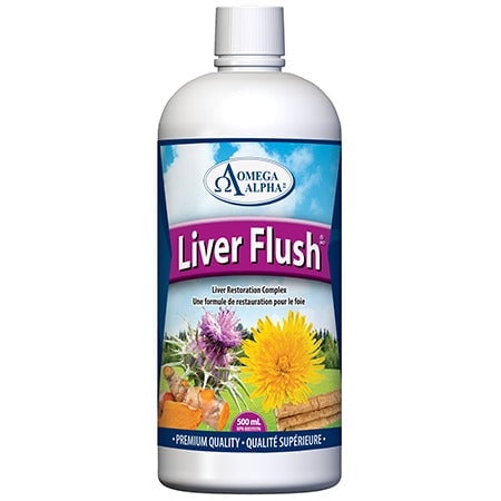 Omega Alpha Flush pour le Foie (500 ml) Bouteille avec un Bouchon Blanc et une Étiquette Colorée Mettant en Valeur le Chardon-Marie, le Pissenlit et le Curcuma, Ingrédients Clés de Ce Complexe de Restauration du Foie. Conçue pour l'Utilisation en Médecine à Base de Plantes pour Soutenir la Santé du Foie, l'Étiquette Met l'Accent sur la Qualité Supérieure et les Ingrédients Naturels.