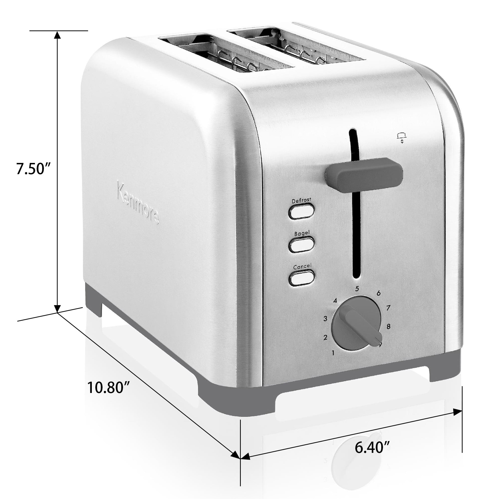 Kenmore 2-Slice Stainless Steel Toaster, Silver & Grey, Extra Wide Slots, Bagel & Defrost Functions