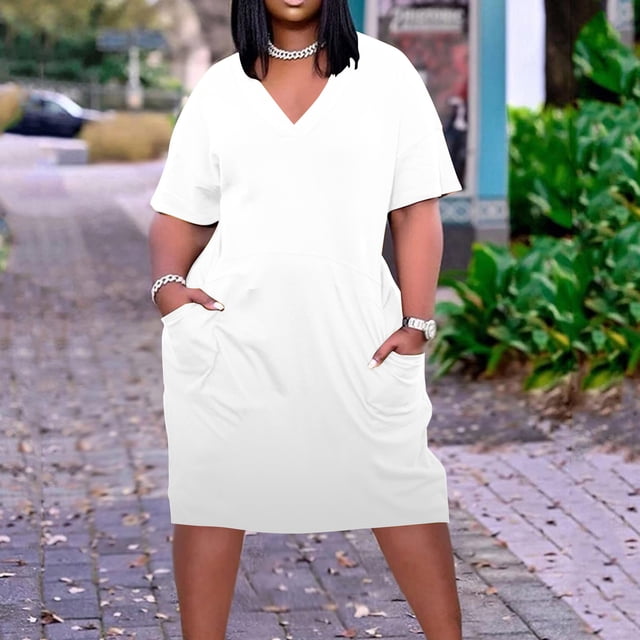 Robes Grande Taille pour Femmes Robe Grande Taille pour Femmes Col en V Été Décontractée Robes d'Été Poche Genou Manches Courtes avec Poches en Liquidation