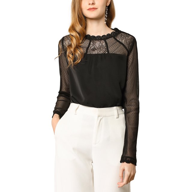 INSPIRE CHIC Haut à Manches Longues en Mousseline à Col Rond en Dentelle Florale pour Femme