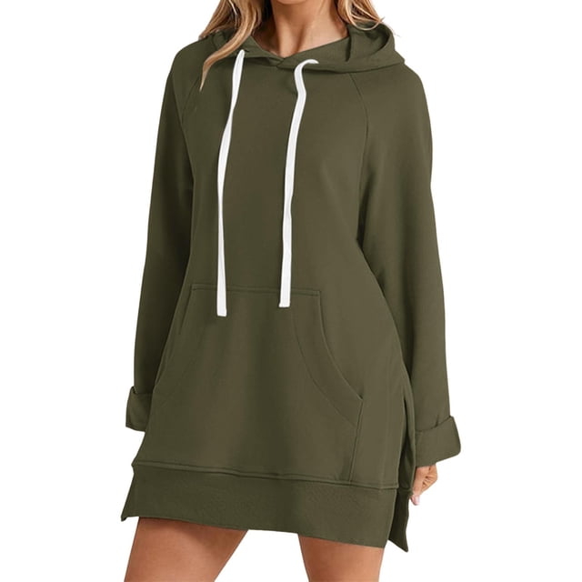 Kcodviy Robe Tunique Unie à Manches Longues pour Femme Grande Taille Couleur Poche à Capuche Moyenne Robe pour Dames Longue Décontractée Ample Chandail à Capuchon
