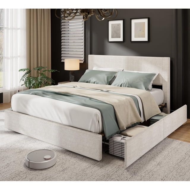 BeesClover Bed Frame with Tufted Wingback Headboard, Platform Corduroy Upholstered Bed Frame with 4 Storage Drawers and Wooden Slats Support, No Box Spring Needed