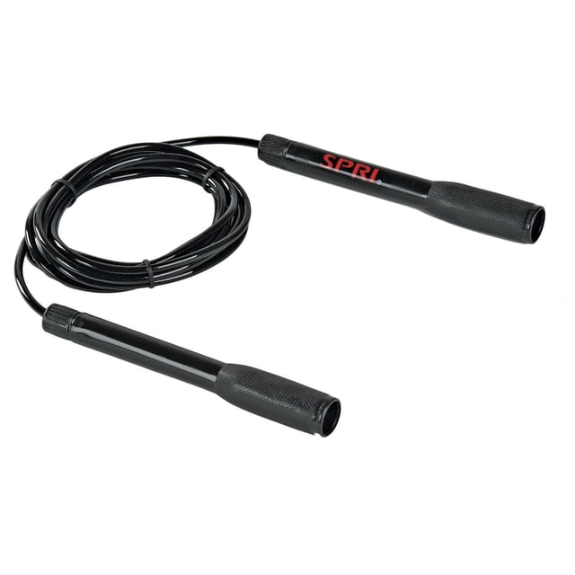 Corde à Sauter SPRI Speed (9 Pieds) avec Corde en PVC Noire Anti-Coude Enroulée et Poignées en Plastique Texturé Légères, une Poignée Affichant le logo SPRI Rouge, Conçue pour une Mise en Forme Aérobique Avancée afin d'Améliorer la coordination, l'Endurance et la Santé Cardiovasculaire.