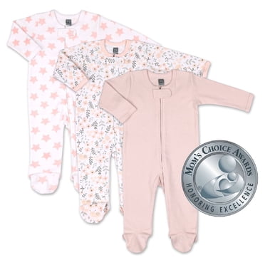 The Peanutshell Baby Sleep N Play Footed Pajamas for Girls, Pink Floral, 3 Pack, Newborn to 9 Months
